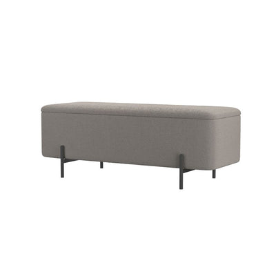 Low-cost price fabric upholstery and black metal legs storage ottoman.