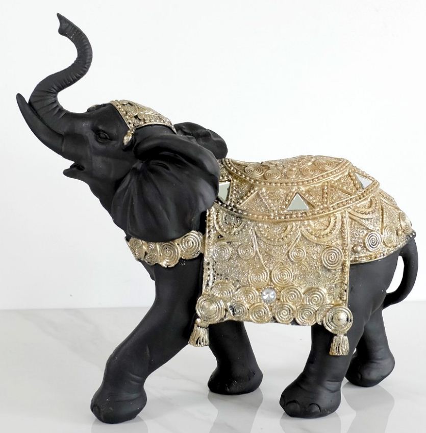 16-967 BLK & GOLD POLYR ELEPHANT 12.5''H