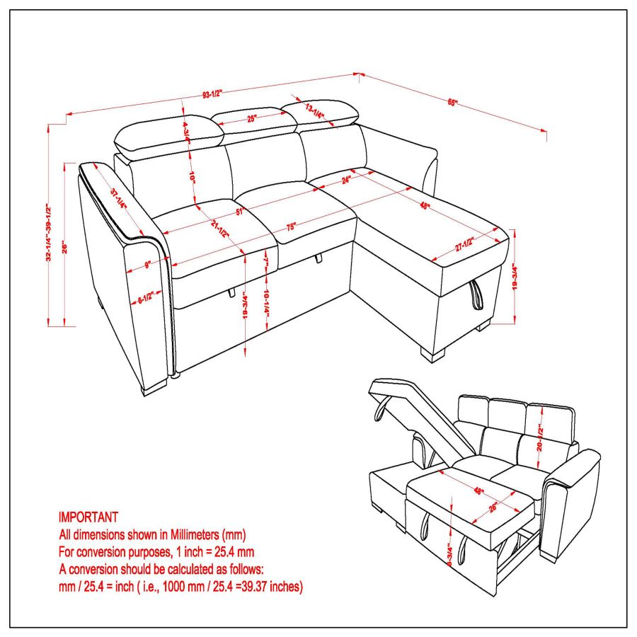 PB-07OSK Sectional Sofa with Bed and Storage -93.50"W