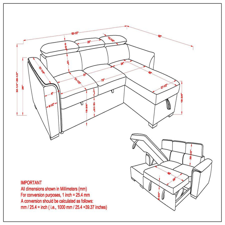 PB-07OSK Sectional Sofa with Bed and Storage -93.50"W